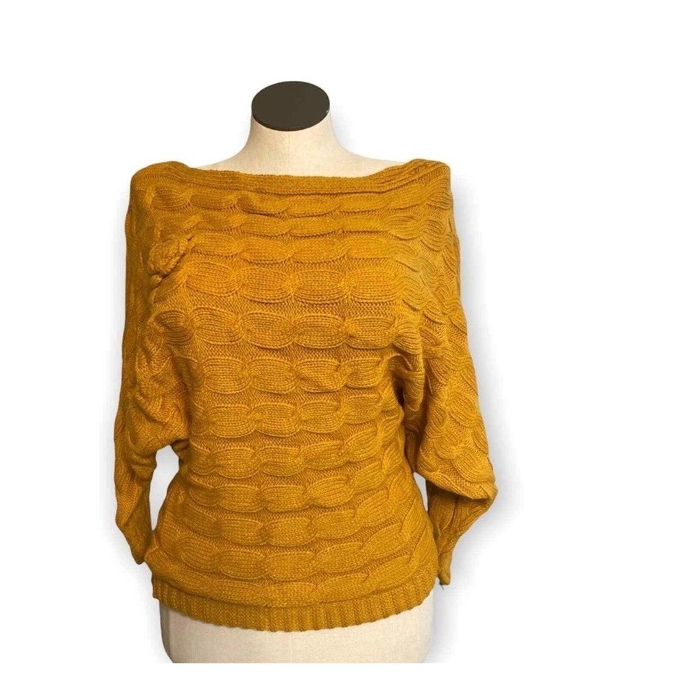 Cottagecore Mustard‎ Yellow Cable Knit Batwing Sweater 3D Flower Applique Size L